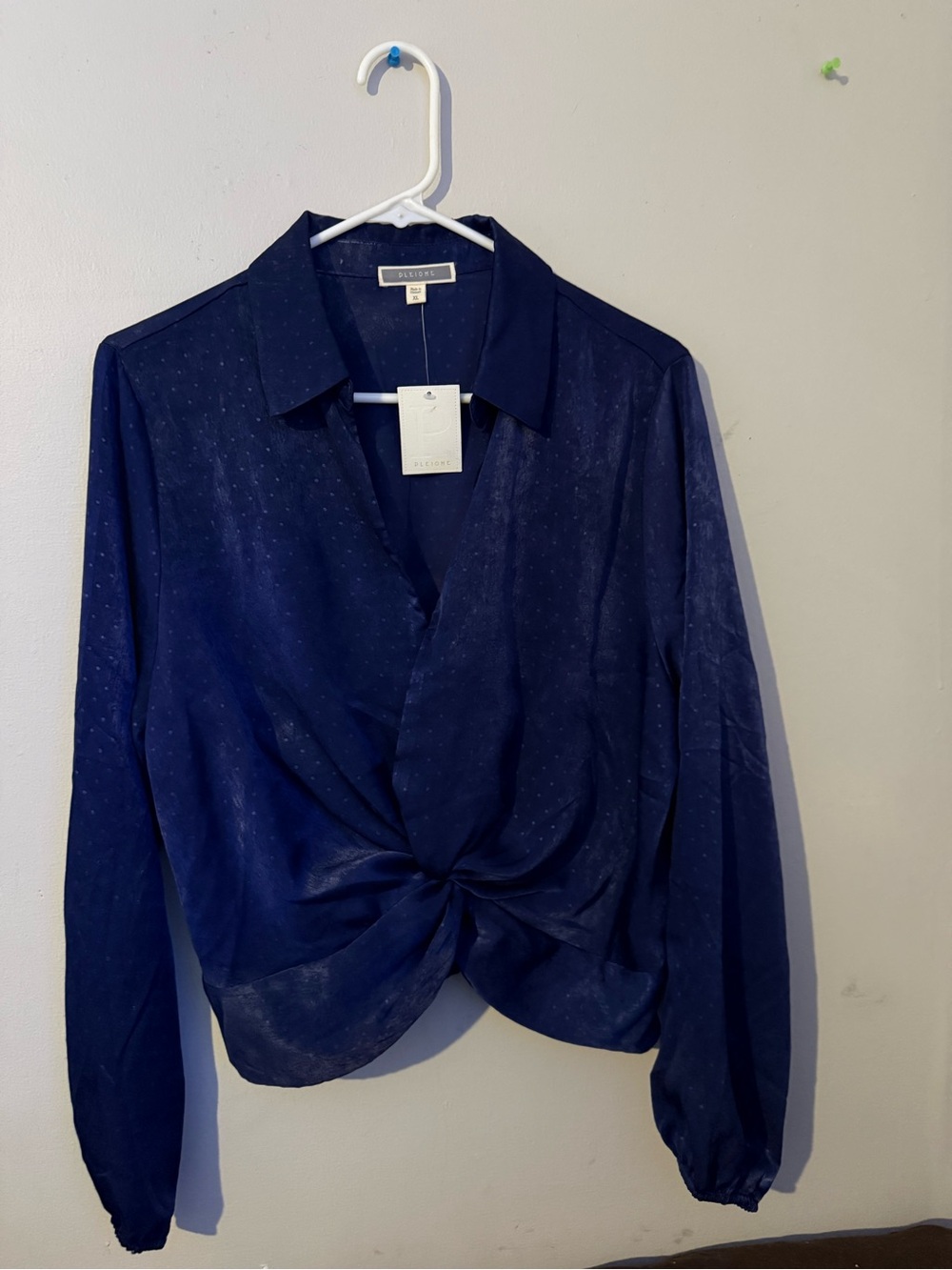 Velvet Navy Twist-Front Long-Sleeve Button Down Shirt